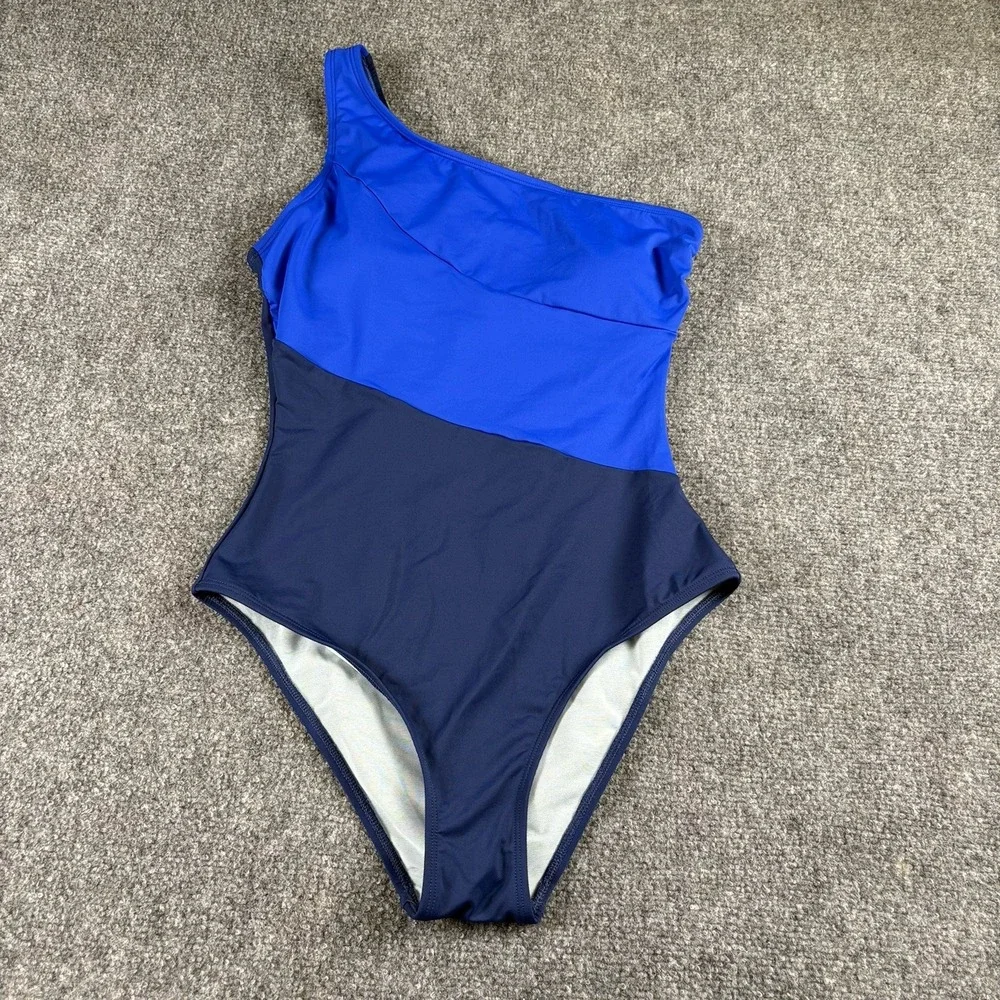 Cupshe One Piece Swimsuit Women's M Blue Colorblock One Shoulder Slim Sculpt NWT